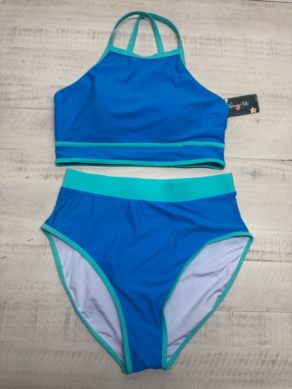 High-Neck Blue & Teal Women's Two-Piece Swim Set
